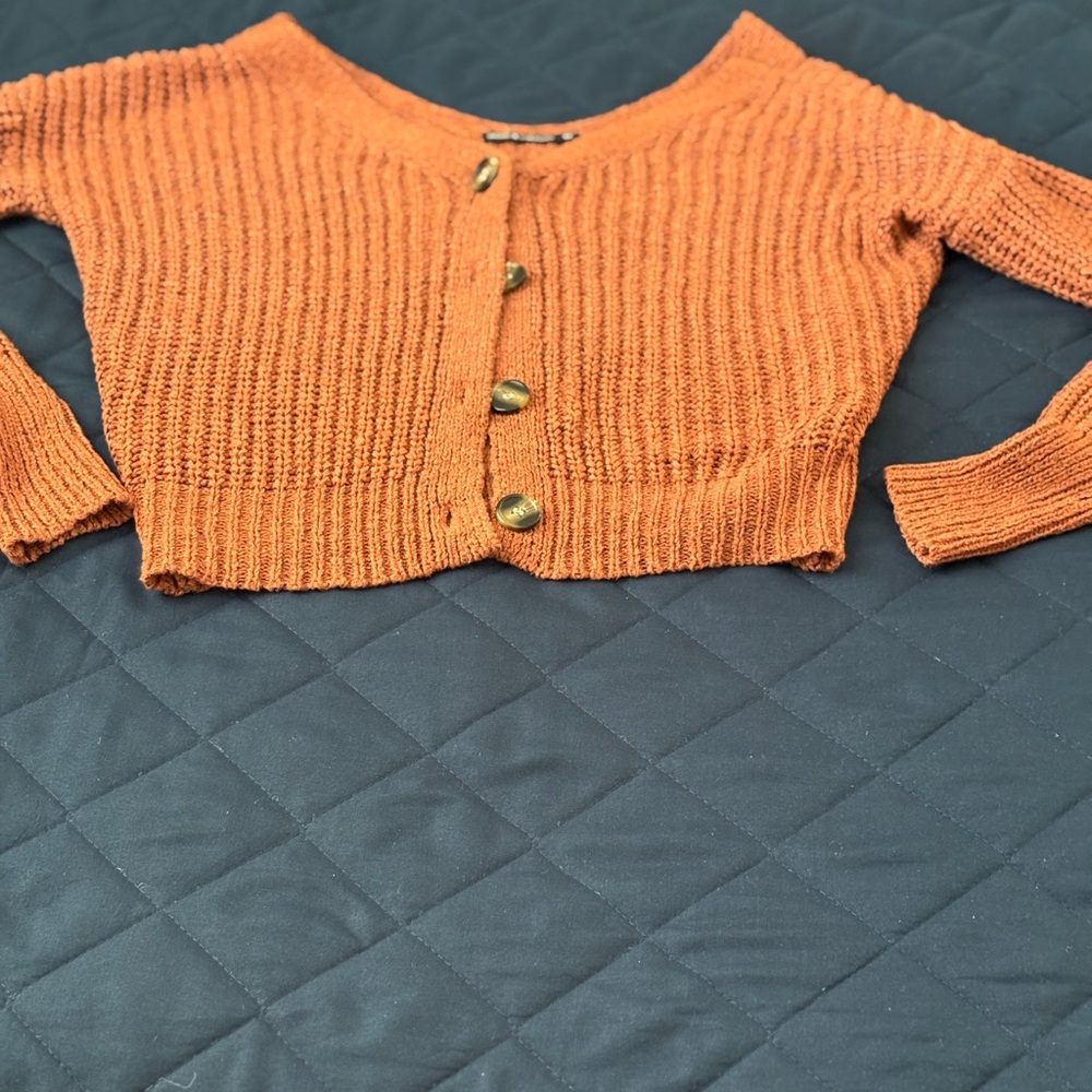 Burnt Orange Color Knit Cardigan with Gold Beige and Black Buttons